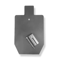 Steel shooting target mounted on a T-post hanger system with 3/8-inch AR500 silhouette plate displayed in outdoor range setting for rifle and pistol training.