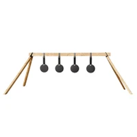 Fully assembled AR500 steel plate rack system set up on wooden 2x4 frame, displaying multiple hanging targets arranged for speed shooting practice on outdoor range.