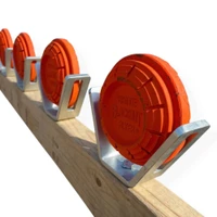 Five-pack clay pigeon holder set mounted on horizontal 2x4 lumber creating rimfire training target system for .22 LR shooting practice at outdoor range