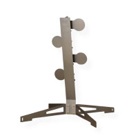 4-target AR500 dueling tree steel shooting system assembled at outdoor range, showing reactive plates mounted on heavy-duty base for pistol training drills.