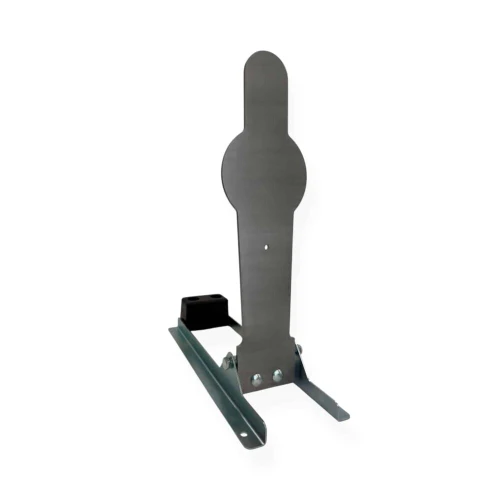 28-inch AR500 Pepper Popper silhouette target mounted on zinc-plated base for USPSA-style competition training at outdoor shooting range with manual tip-down reset system