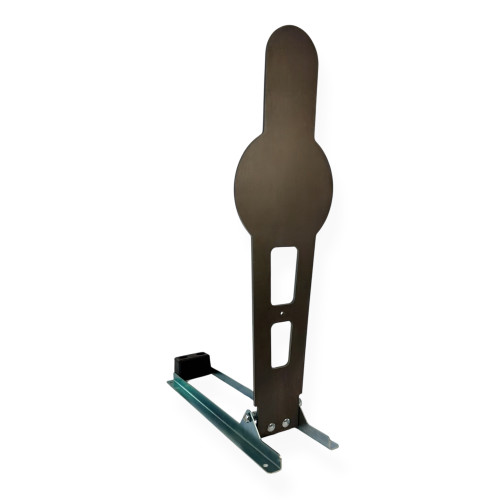 42-inch USPSA pepper popper steel target mounted on reinforced base at outdoor range, showing full-size competition silhouette for handgun and rifle training.