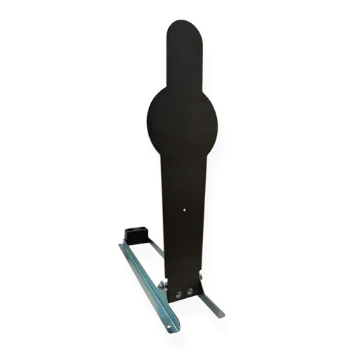 42-inch USPSA pepper popper steel target mounted on reinforced base at outdoor range, showing full-size competition silhouette for handgun and rifle training.