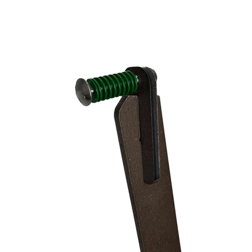 Close-up detail of AR500 upright and Slide-Lock hanger connection showing CNC laser-cut steel edges, bolts, and heavy-duty spring assembly under tension.