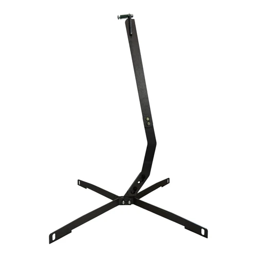 Hero product image showing all-steel upright target stand assembled with wide AR400 base and Slide-Lock hanger in outdoor shooting range environment.