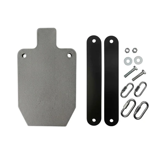 Large 3/4-inch AR500 steel gong target hanging from heavy-duty chain system on outdoor long-range shooting range with desert backdrop.