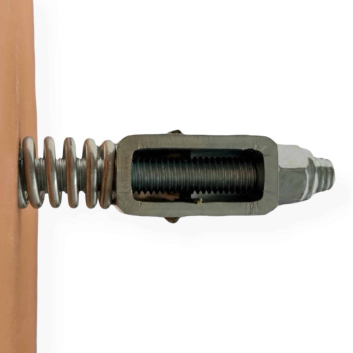 Close-up of spring-loaded T-Post Hanger with carriage bolt and compression spring for steel target mounting