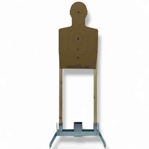 Steel Combo Stand configured for static AR500 target use demonstrating stable impact absorption and secure 2x4 mounting during live fire shooting session