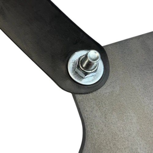 Close-up of reinforced rubber chain links, bolts, washers, and quick links used for securing big-bore steel target mounting system