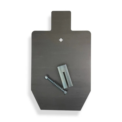AR500 steel silhouette target mounted on patented T-post hanger system for quick tool-free installation at outdoor shooting range with rifle and pistol training setup