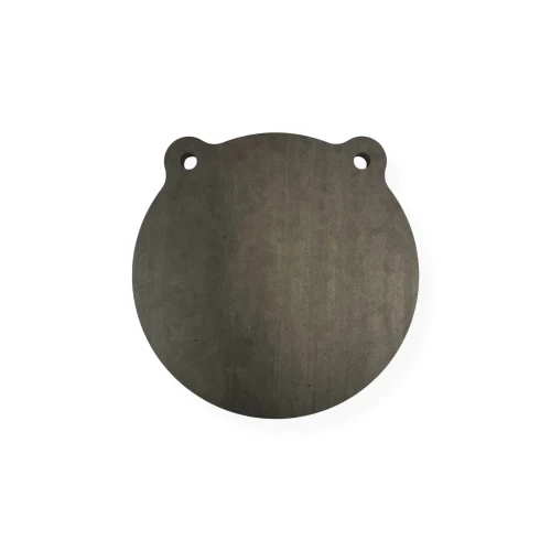 Close-up of chain attachment point securing AR500 gong target demonstrating durable mounting hardware setup for repeated firearm impact use