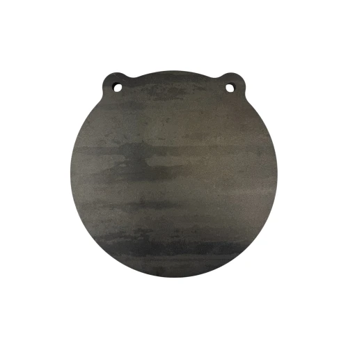 AR500 round gong target positioned on steel range stand showing unpainted surface ready for customization and high-volume rifle and handgun training sessions