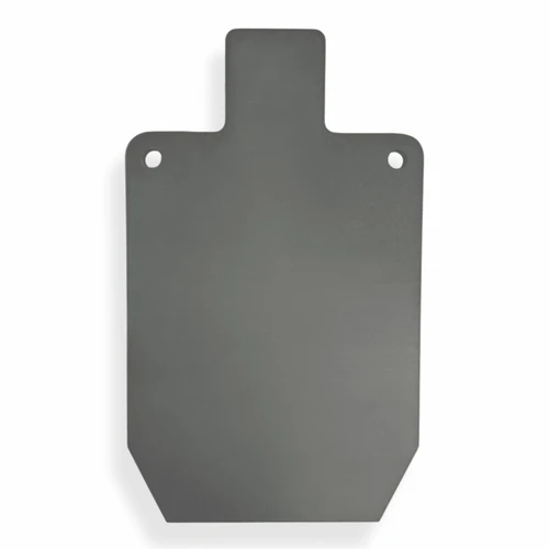 1/2 inch AR500 steel silhouette target mounted on outdoor range stand showing durable CNC laser-cut plate used for handgun and rifle training drills.