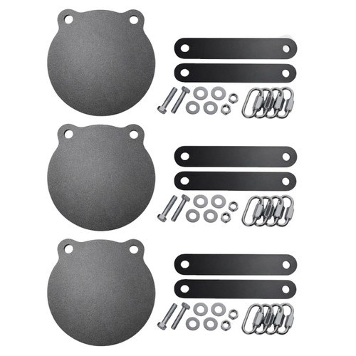 Three pack of 1/2" AR500 8" round gong targets and rubber mounting straps and hardware.