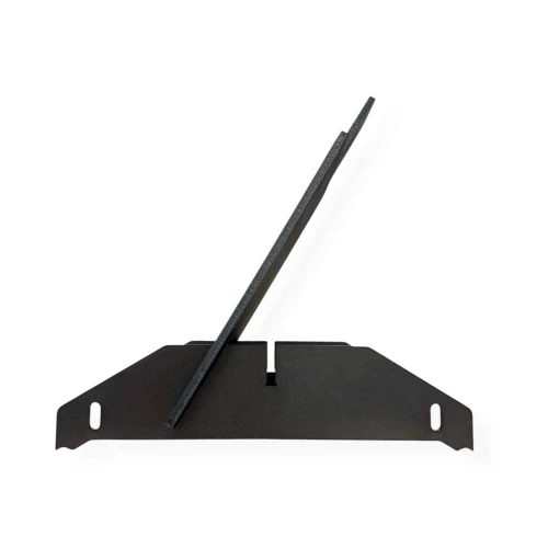 Close-up view of CNC laser-cut AR500 target plate seated in steel base slot system, highlighting precision fit, weld-free construction, and durable edge geometry.