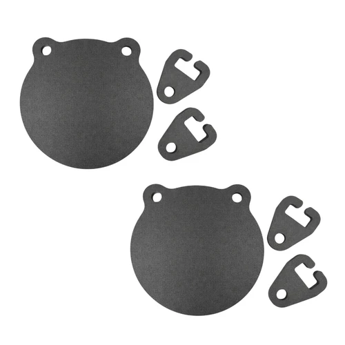 Two AR500 steel gong targets mounted on T-post hangers displayed in rugged outdoor shooting range setting with natural terrain backdrop.