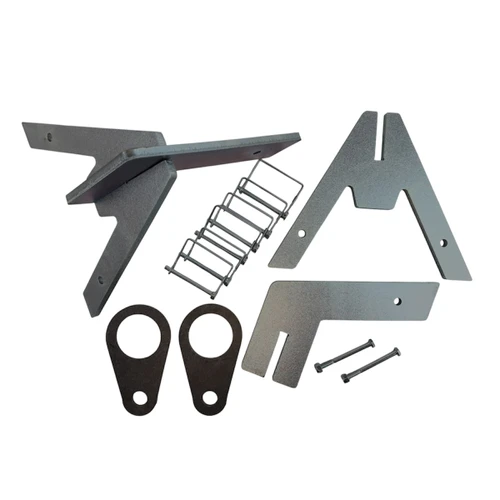 Close-up detail of laser-cut gong mounts and locking pins on EMT conduit stand, showing rotating hardware designed to reduce chain binding under recoil.