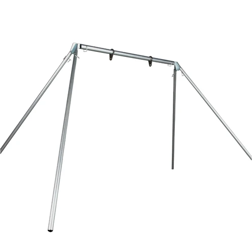 Heavy-duty 60-inch EMT gong stand assembled on range ground, supporting large steel targets for long-distance rifle practice in outdoor shooting environment.