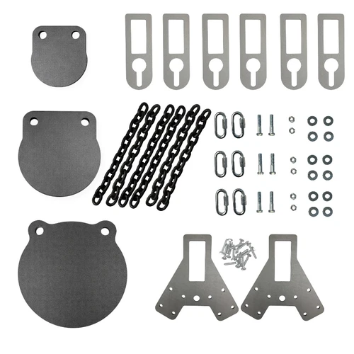 ShootSteel 1/2" Economy Precision 3 - Gong Complete Target Package includes three targets, three sets of hybrid hanger, three chain and hardware kits and one set of 2x4 gong stand brackets.