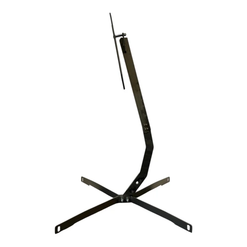 Close-up detail of AR550 steel target plate and slide-lock hanger system mounted securely on rugged all-steel upright target stand assembly