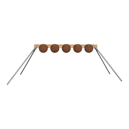 Close-up view of Hardox steel 8 inch round target plates hanging from speed rack system showing CNC-cut edges and impact-ready mounting hardware on EMT conduit stand