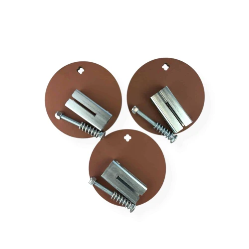 Close-up detail of 1/2 inch AR550 steel round target and T-post hanger showing CNC laser-cut edges and durable mounting connection system.