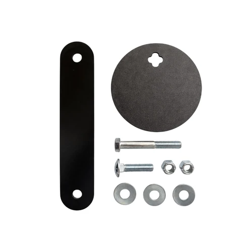 Steel shooting target package displayed on neutral background showing 5-inch AR500 plate and rubber chain strap system with mounting hardware arranged for product showcase.