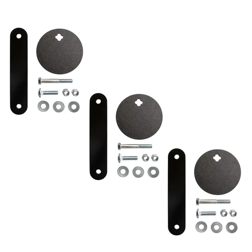 AR500 steel target package displayed with 5-inch round plates, rubber strap hangers, and 2x4 mounting hardware arranged for outdoor shooting range setup.