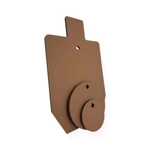 Installed steel target setup mounted on wooden 2x4 posts, showing AR550 plates hanging for live-fire pistol and rifle practice drills.