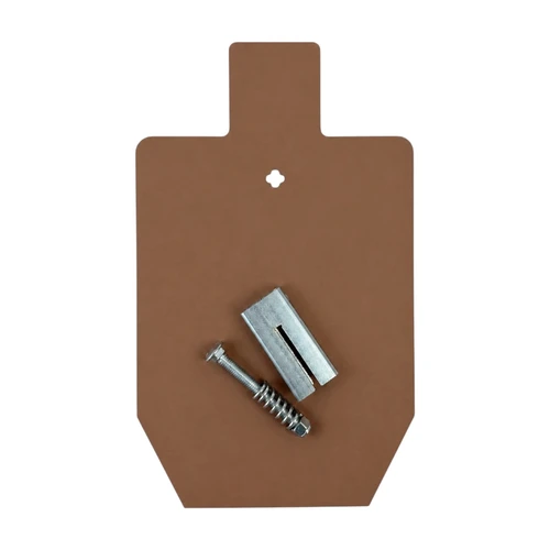 Hardox AR550 steel silhouette target mounted on T-post hanger system for rifle and pistol training at outdoor shooting range with high durability impact surface