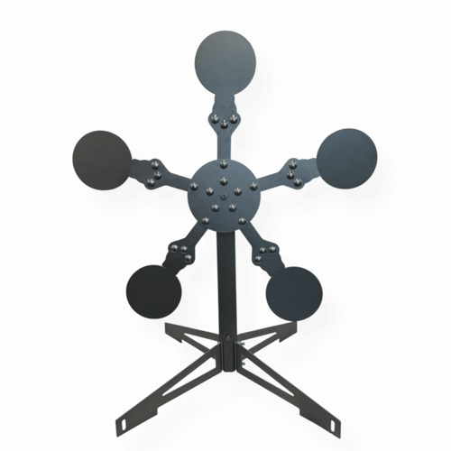 Portable Texas Star steel target system displayed assembled with five AR500 paddles mounted on compact base for reactive shooting training setup.