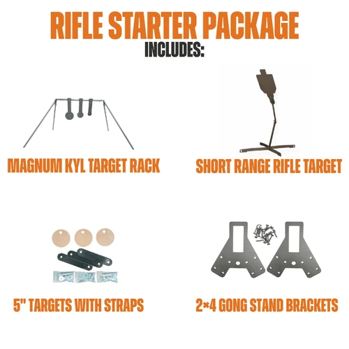 Complete rifle training steel target package displayed with AR550 and AR500 systems arranged outdoors, showing full setup for precision and speed drills on range terrain