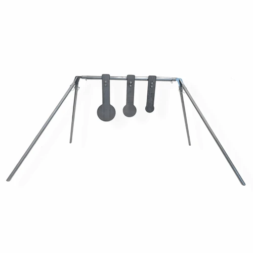 Close-up detail of AR550 and AR500 steel plates showing laser-cut edges, mounting hardware, rubber hangers, and reinforced steel bracket construction