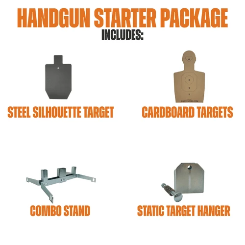Complete handgun training starter package displayed with AR500 steel silhouette target, combo stand, and cardboard targets arranged for range setup demonstration.