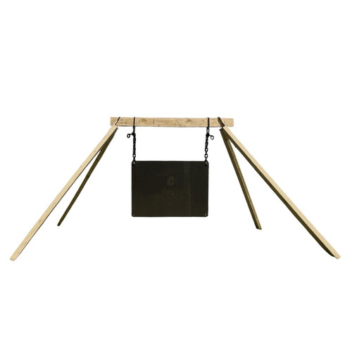 Large rectangular steel gong target displayed on neutral studio background with chain mounting kit, hybrid hangers, and stand brackets arranged for product presentation.
