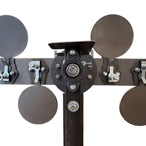 Bolt-together center beam construction on Shoot Steel Polish Plate Rack reactive steel target