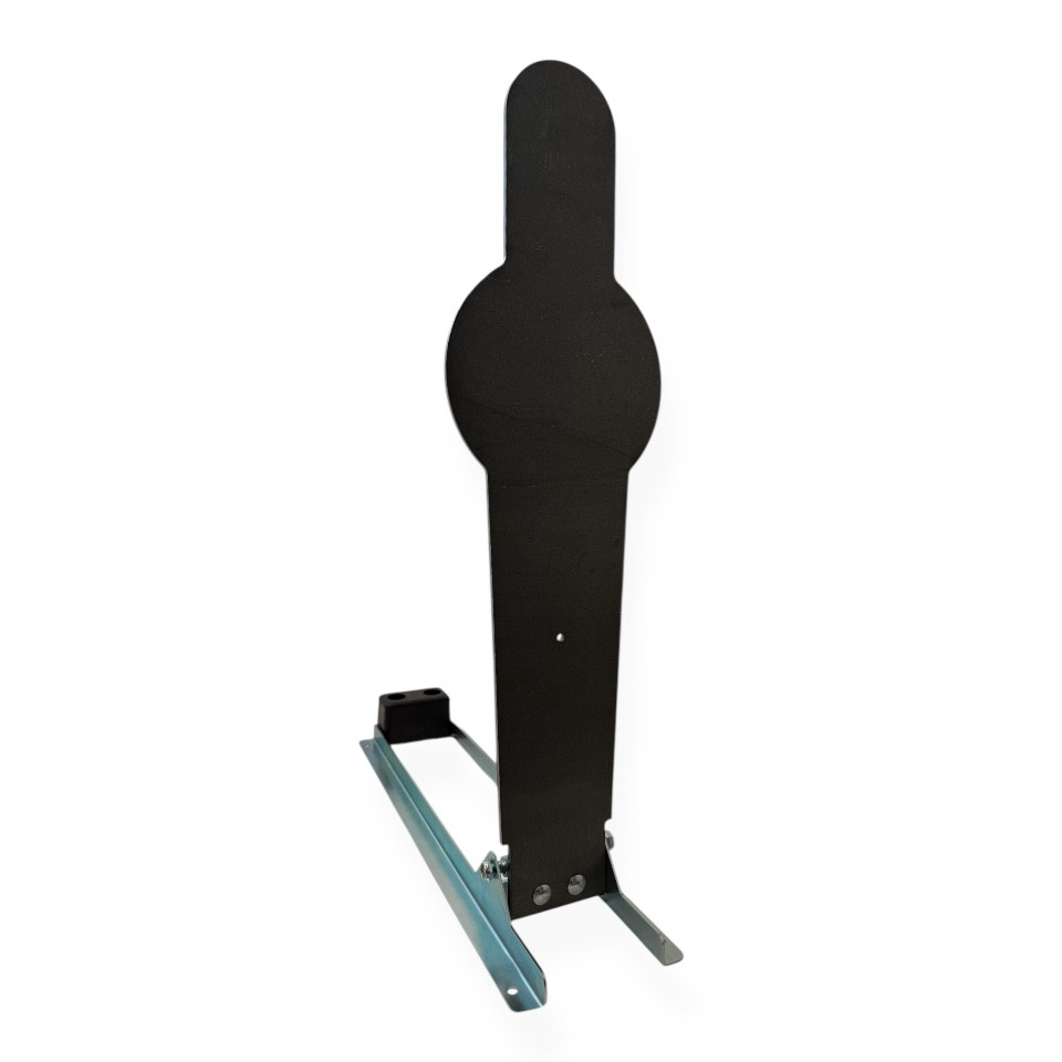 42-inch USPSA pepper popper steel target mounted on reinforced base at outdoor range, showing full-size competition silhouette for handgun and rifle training.