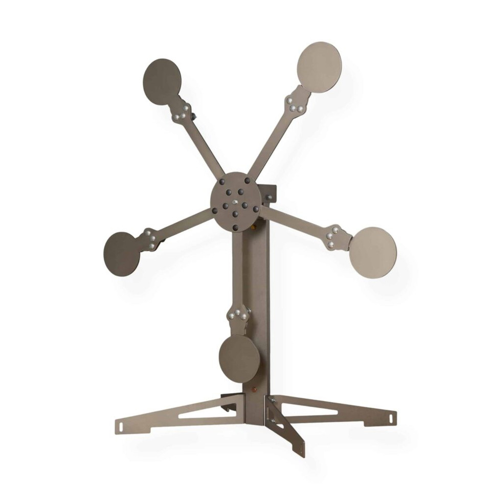 Hero product image of Texas Star reactive steel target with five AR500 paddles mounted on steel base in outdoor range setting.
