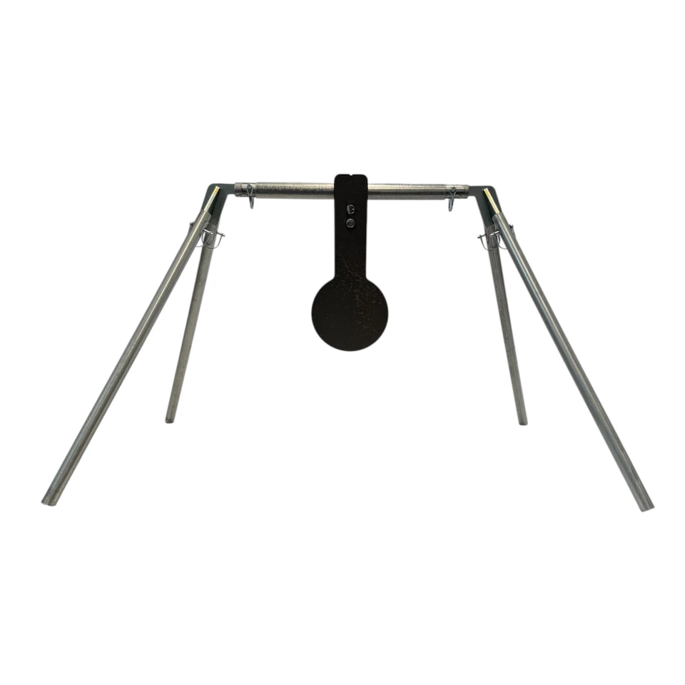 Complete AR500 rifle spinner target system displayed on neutral background, showing 6-inch plate, cross member, legs, and spacers fully assembled for product overview