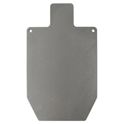 Big-bore steel target mounted and swinging slightly after impact, showing reactive motion from high-energy rifle round at extended distance.