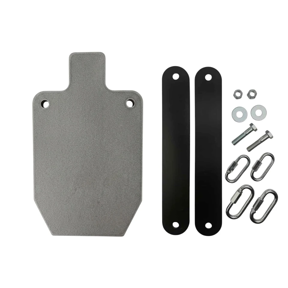 Large 3/4-inch AR500 steel gong target hanging from heavy-duty chain system on outdoor long-range shooting range with desert backdrop.