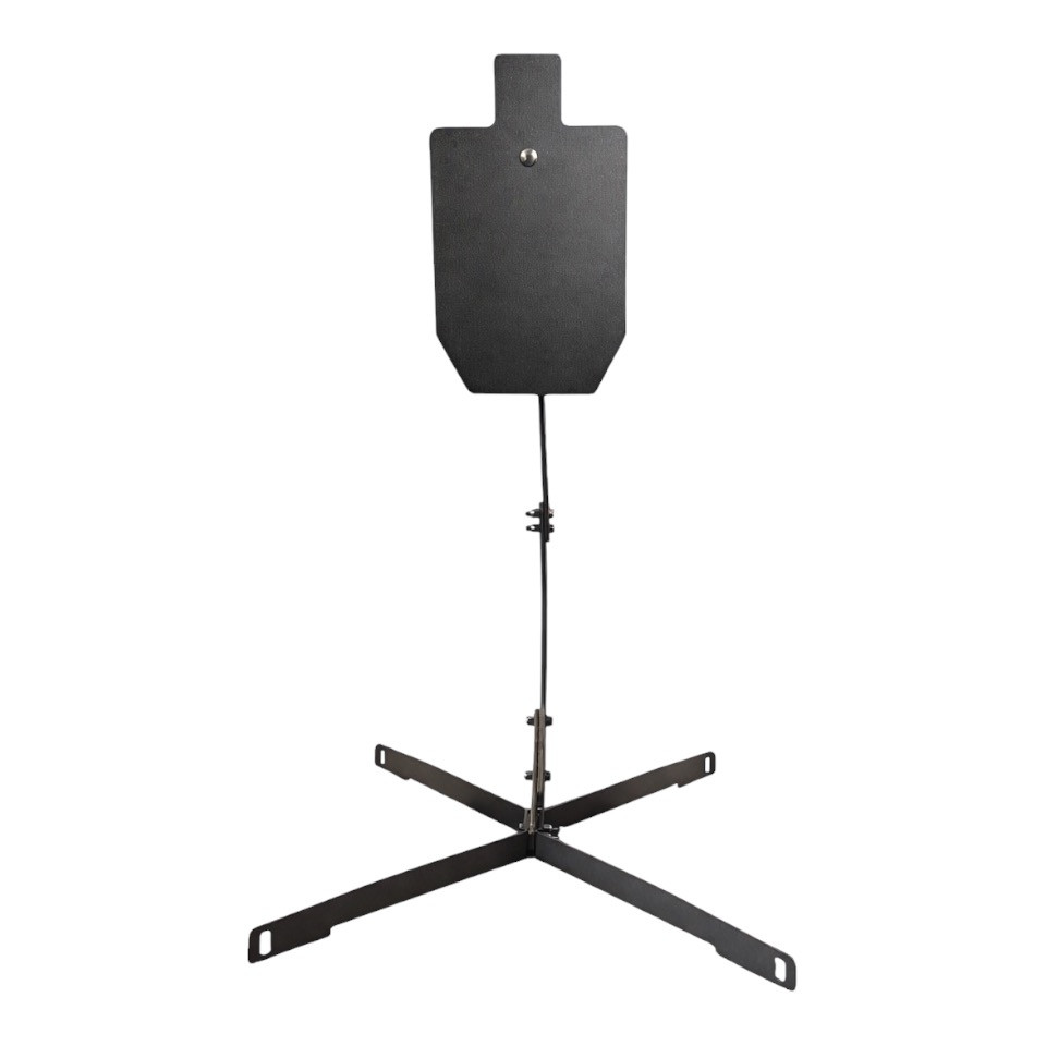 Complete AR500 steel target package displayed with upright stand and 12x20 silhouette plate, ready for pistol and rifle training at outdoor range.