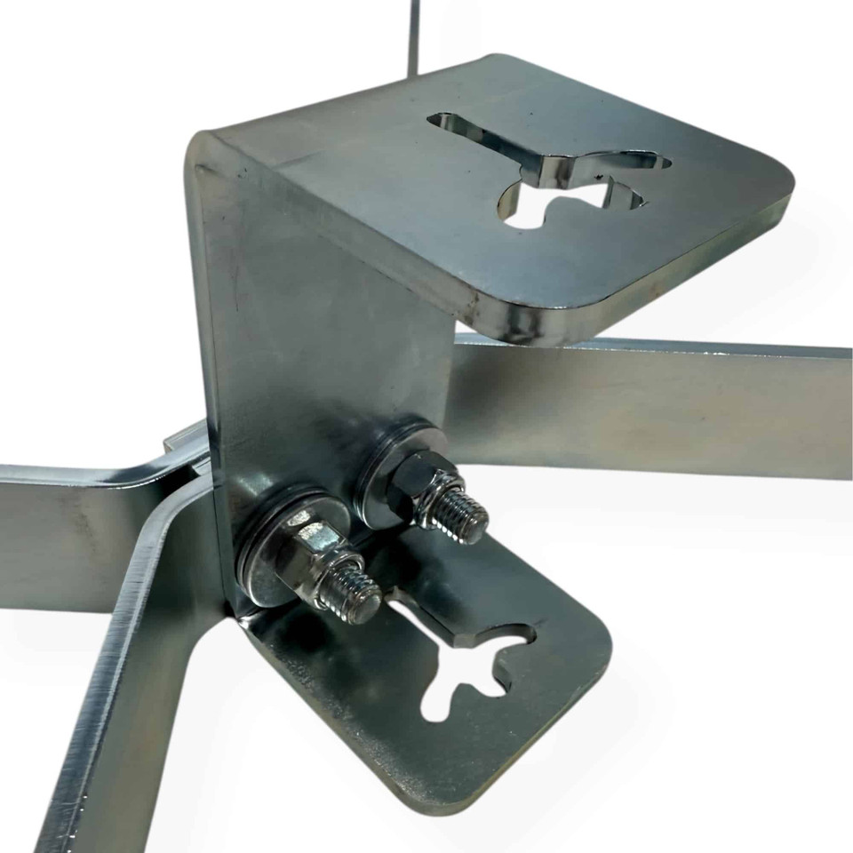 Close-up of laser-cut steel T-post bracket and 1/2-inch hardware bolts, highlighting precision fit and zinc-plated finish for corrosion resistance.
