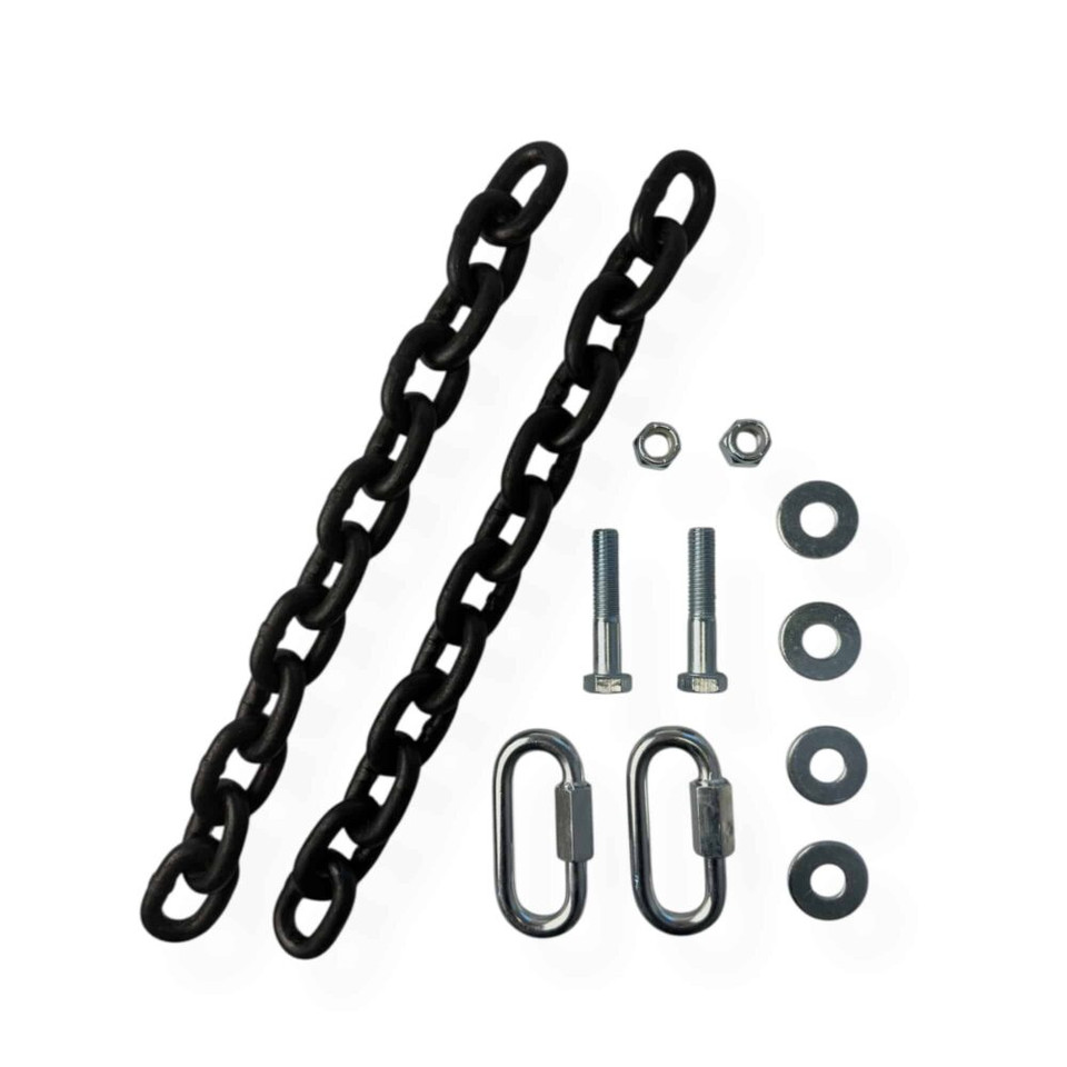 Hero product image showing steel gong mounting kit with Grade 100 chain, quick links, and bolt hardware arranged for durable AR500 target suspension system.
