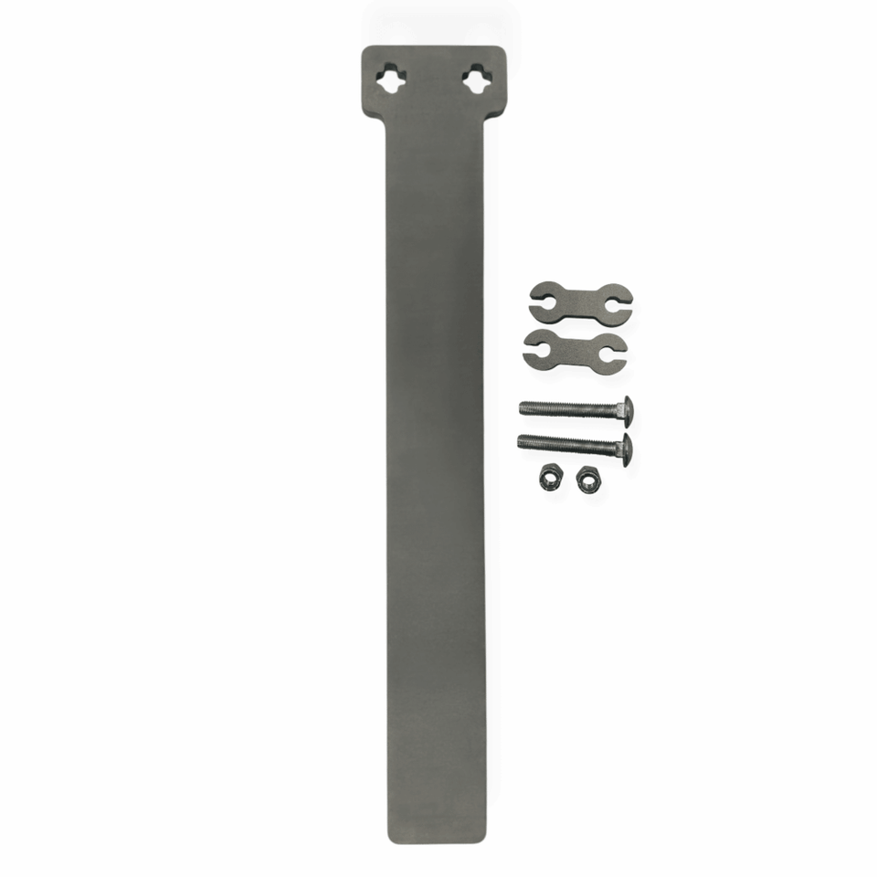 20-inch AR500 T-Post Protector panels mounted on steel fence post shielding target stand from low pistol and rifle impacts at outdoor shooting range