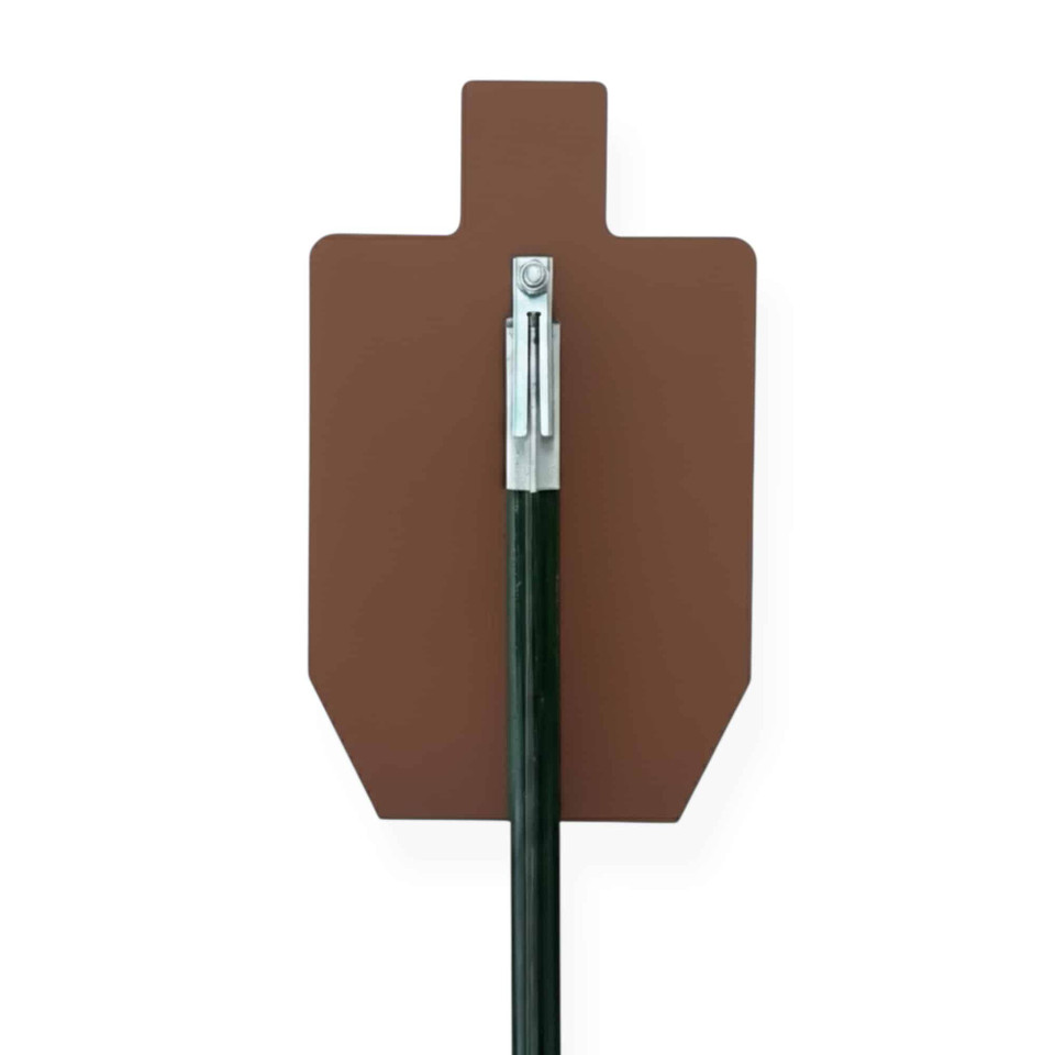 Steel target mounted on T-Post Hanger leaning forward on impact to direct bullet splash safely downward