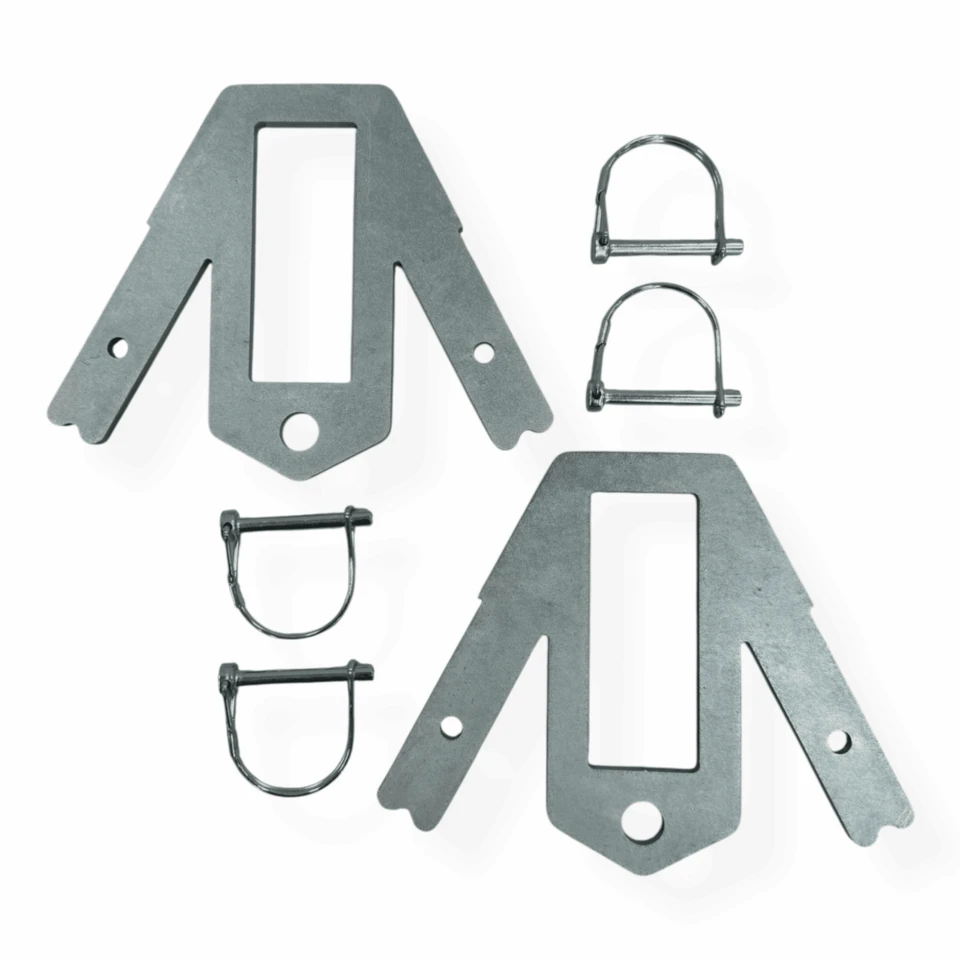 Close-up detail of CNC laser-cut AR400 bracket showing locking pin connection points and reinforced edges designed for securing conduit legs in target stand systems.