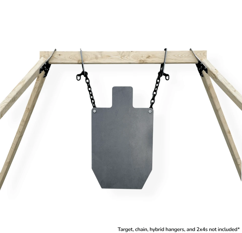 Steel gong target swinging on 2x4 wooden stand after impact, showing reactive movement and stable A-frame range setup in outdoor environment.