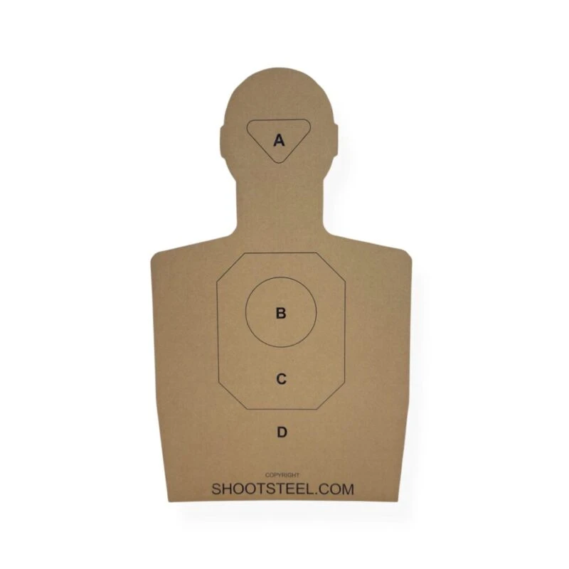 18x30 cardboard silhouette training targets displayed with anatomical scoring zones for defensive pistol practice, shown in clean range-ready stack for shooting drills.