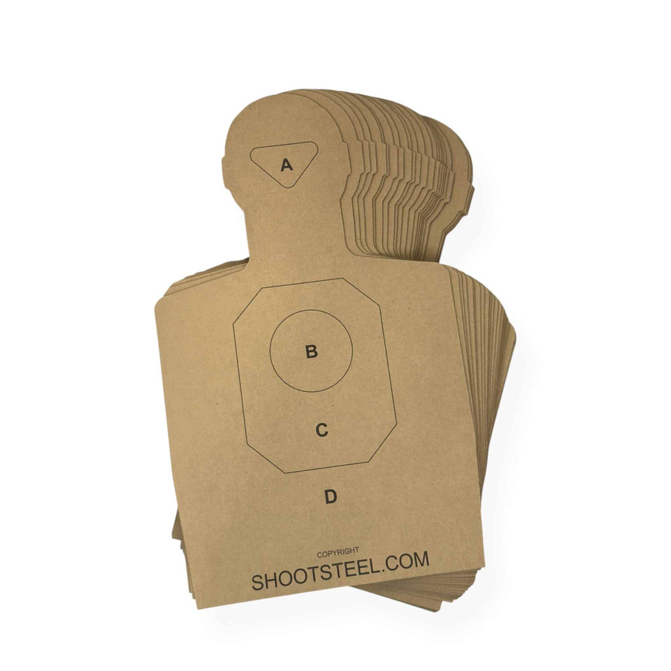 Close-up of rigid cardboard silhouette target surface showing printed anatomical scoring zones and reverse blank side designed for precision shooting without visual reference points.